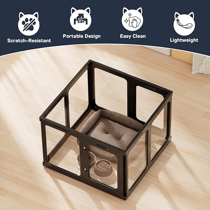 Jalove Acrylic Dog Playpen Indoor, 8 PCS Plastic Puppy Playpen with Door, Clear PlayPen for Dog Cat Rabbit Ferret, Easy Assemble Pen, Preferable Small Cage, Black, 33.5" L x 33.5" W x 24" H