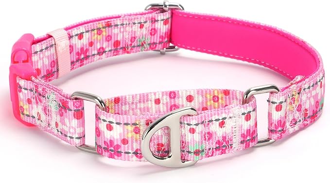 Pink Floral Martingale Collar for Dogs - Reflective Nylon with Quick Release Buckle & Padded Comfort - No Slip Choke Heavy Duty Collar for Training, Walking & Nighttime Use L