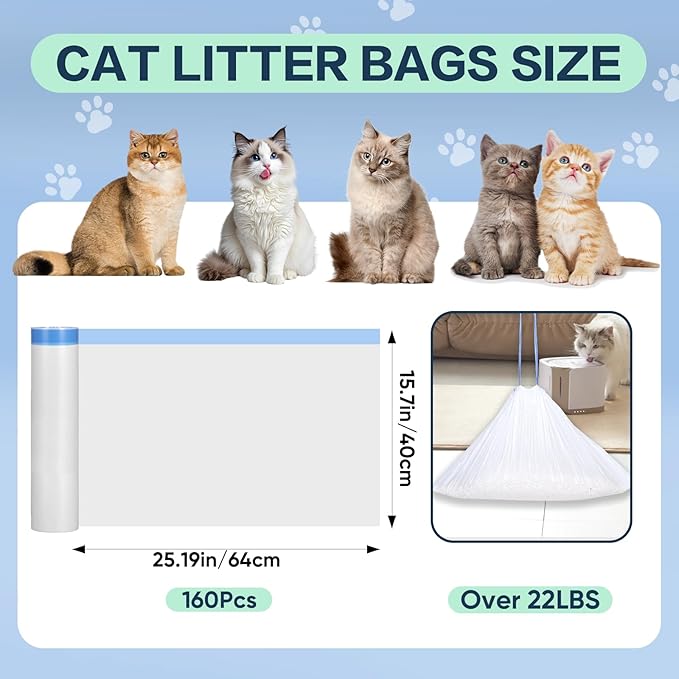 160 Count Cat Litter Box Liners Compatible with Litter Robot 3 & 4, Cat Litter Liners for Automatic Litter Box, 10-12 Gallon Heavy Duty Waste Bags with Drawstrings, 25.19" x 15.7"