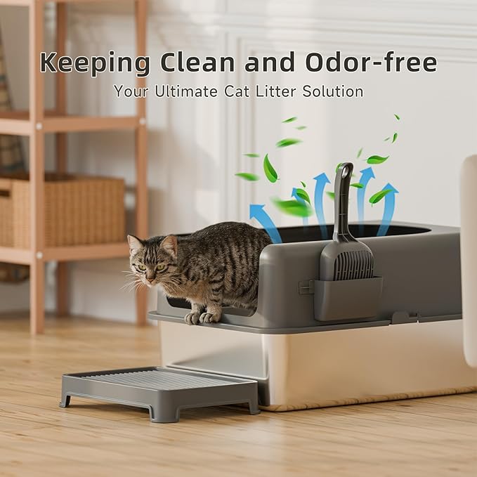 High-Sided Stainless Steel Cat Litter Box,Stainless Steel Litter Box with Lid,Extra Large Litter Box,Easy-to-Clean Metal Litter Pan for Cats (24‘’L X 16''W X 6''H with Scoop&mat), Sliver