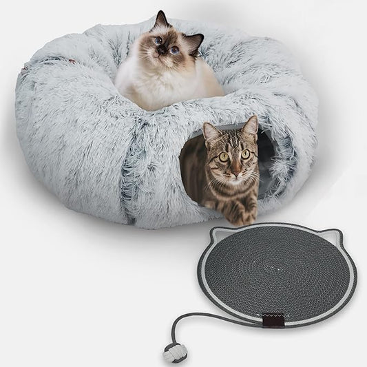 2-Pack Cat Tunnel Donut Bed and Cat Scratch Pad, Interactive Cat Tunnels for Indoor Cats, Fits Multiple Cats Up to 15 lbs, Cozy and Durable Cat Hideaway Toy for Kittens, Puppies, Rabbits (Grey)