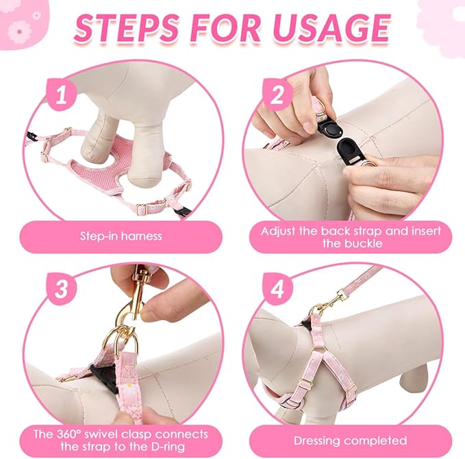 SlowTon Small Dog Harness - No Pull Dog Harness and Leash Set, Soft Mesh Lightweight Puppy Vest Harnesses, Adjustable Pet Harnesses for XXS XS Small Medium Easy Walk Hiking (Pink, XS)