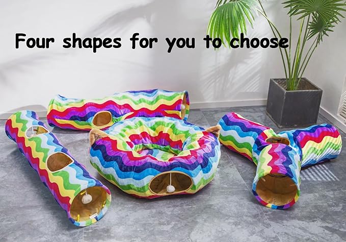 LUCKITTY Large Cat Tunnel Bed Under Christmas Tree with Fluffy Toy Balls, Small Cushion and Flexible Design- 10 inch Diameter, 3 ft Length- Great for Cats, and Small Dogs, Rainbow Wave Color