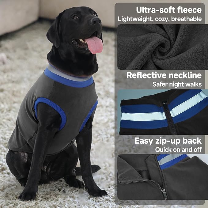 Lelepet Fleece Dog Sweater Zip Up Dog Fleece Jacket Reflective Warm Sweatshirt for Cold Weather Soft & Lightweight Pet Sweater Vest for Puppy Small Medium Large Dogs(XS-3XL)