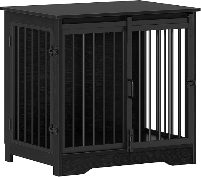 27.2" Dog Crate Furniture with Barn Door, Heavy Duty Dog Kennel Indoor with 2 Doors, Wooden Pet Cage End Table for Small Medium Dogs up to 22 lb, Anti-Chew Anti-Escape, Black DFC84304B