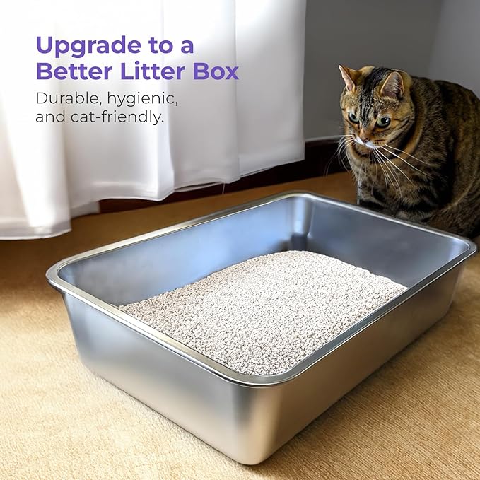 iPrimio Stainless Steel Litter Box - No Stick Litter Pan for Cats - XL Cat Box with Teflon Coating - Never Absorbs Odor or Rust - Ergonomic, Easy to Clean, Durable, Nonstick, Spacious Pans