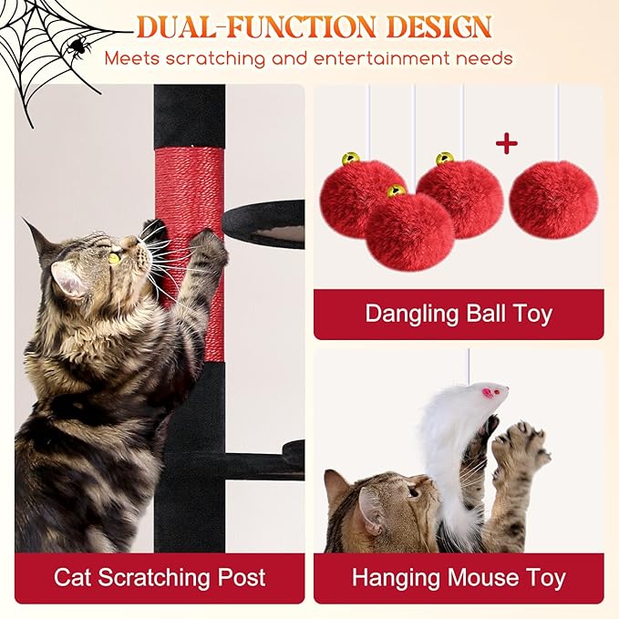 Globlazer Gothic Cat Trees and Towers for Multiple Adult Cats, 82-inch XXL Tall Goth Cat Tree Tower for Indoor Cats with Scratching Post, 3 Perches, 2 Condos, 2 Hanging Baskets, F82, Black Red