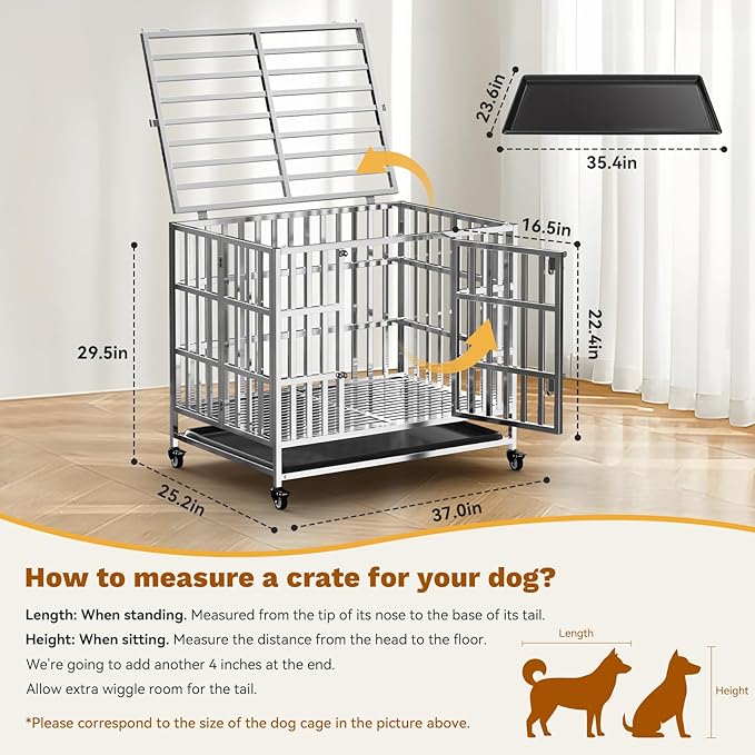 37" Heavy Duty Dog Crates for Large Dogs, Upgraded 4 Lockable Wheels, Stainless Steel Kennel Dog Kennel Indoor, Max Load 300Lbs, Easy to Clean, Escape Proof, XL Dog Cage for High Anxiety Dogs