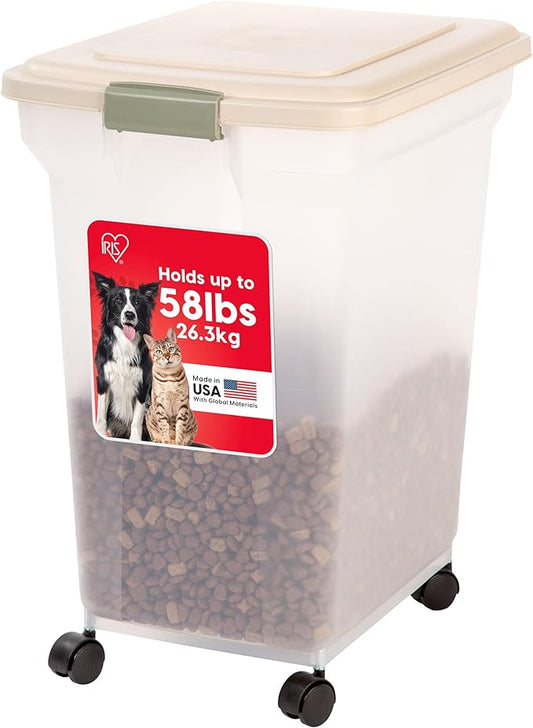 IRIS USA WeatherPro Airtight Dog Food Storage Container, Up to 58 lbs, Attachable Wheels, For Dog Cat Bird and Other Pet Food Storage Bin, Keep Fresh, Translucent Body, Clear/Almond