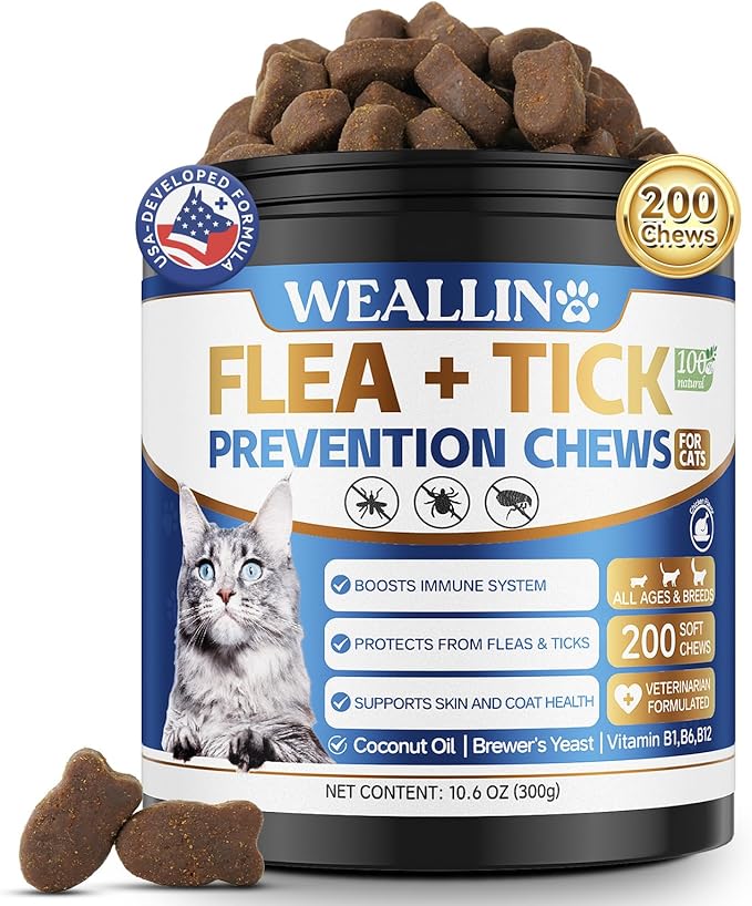 Flea and Tick Prevention for Cats, 200 Soft Chews for Fleas Treatment for Cats, Natural Cat Oral Flea Chewables Support Supplement, Flea and Tick Chews for All Breeds & Sizes