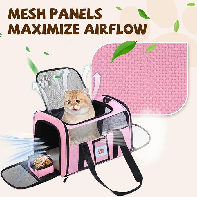 Pet Carrier 17Lx12Wx11H inches, Airline Approved,Pet Travel Carrier Bag for Small Cats and Dogs, Soft Dog Carrier for 1-25 LBS Pets,Dog Cat Carrier with Safety Lock Zipper (Pink)