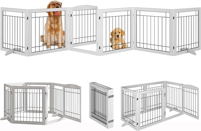Vantas Folding Pet Gate 144" Wide, 30" Tall No-Assembly Wooden Dog Gate with Door Walk Through, Freestanding Wire Pet Gate, Pet Puppy Safety Fence, with 2PCS Support - White