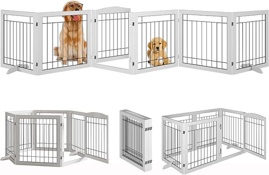 Vantas Folding Pet Gate 144" Wide, 30" Tall No-Assembly Wooden Dog Gate with Door Walk Through, Freestanding Wire Pet Gate, Pet Puppy Safety Fence, with 2PCS Support - White