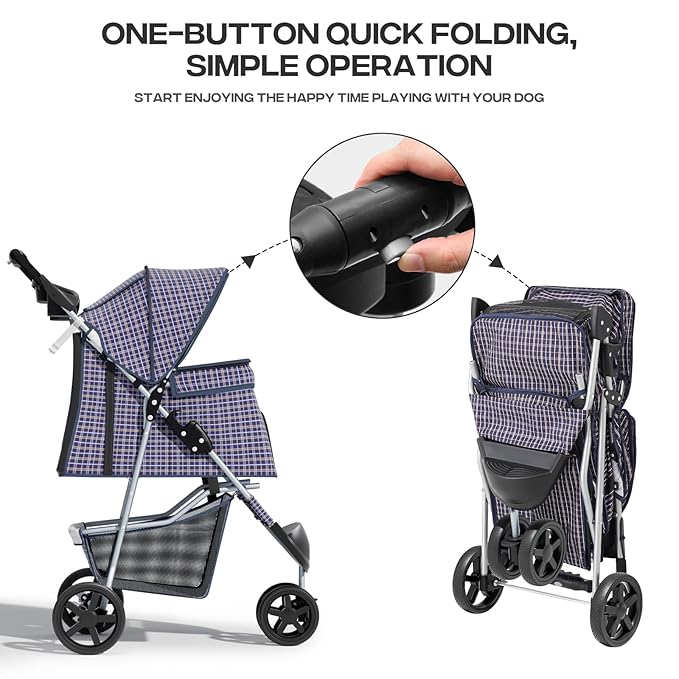 Cat Dog Stroller,3-Wheels Pet Stroller for Medium/Puppy Dogs 30 Lbs, Cat Strollers for 1 Cats, Foldable Dog Stroller with Storage Basket and Cup Holder, Breathable Mesh Plaid