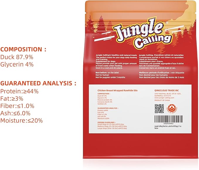 Jungle Calling Dog Treats, Duck Jerky for Dogs, Slow Roasted Snacks for Medium and Large Dogs Chewy Training Treats, 10.6 oz