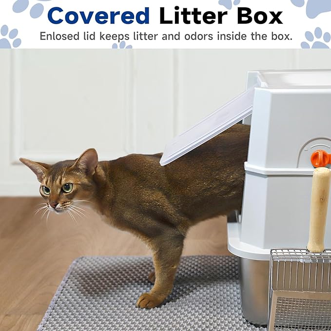 TENTIZON Stainless Steel Extra Large Covered Cat Litter Box with Lid, High Sides, Litter Mat, Scoop, Hooded Enclosed Kitty LitterBox for Big Cats Up to 24lbs, Multi-Cat, Ordor Control, Easy Clean