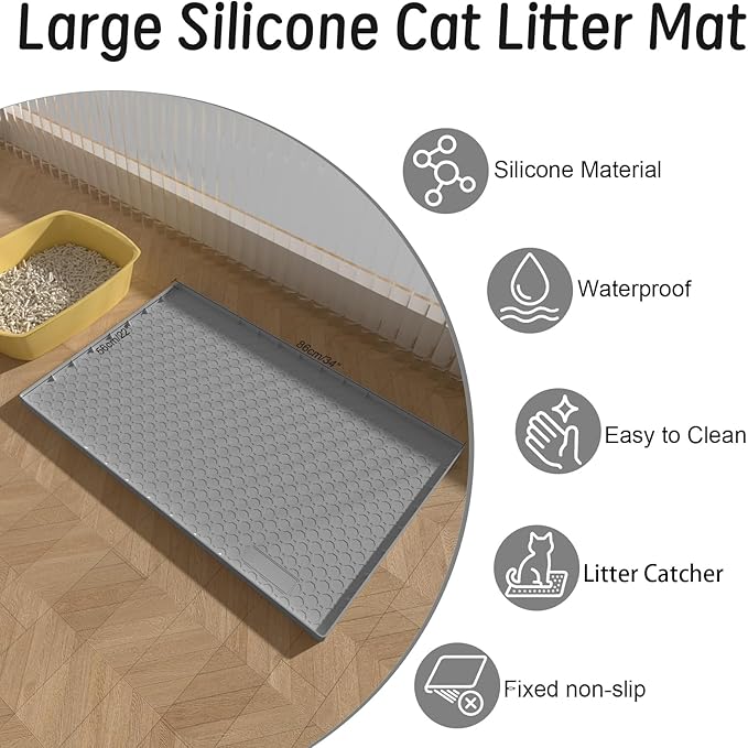 Silicone Large Cat Litter Mat 34" X 22", Cat Mat for Litter Box, Cats Litter Trapping Mat, Non-Slip and Waterproof, Raised Edges, Grey