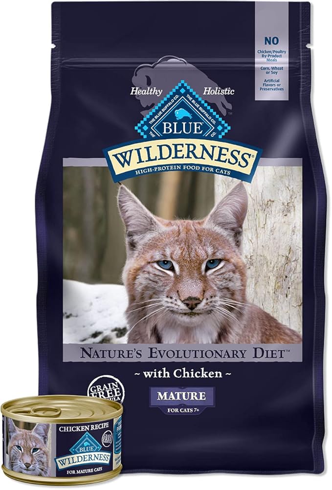 Blue Buffalo Wilderness High Protein Natural Mature Grain Free Cat Food Bundle, Dry & Wet Cat Food, Chicken (5-lb Dry + 24 x 3oz Cans)