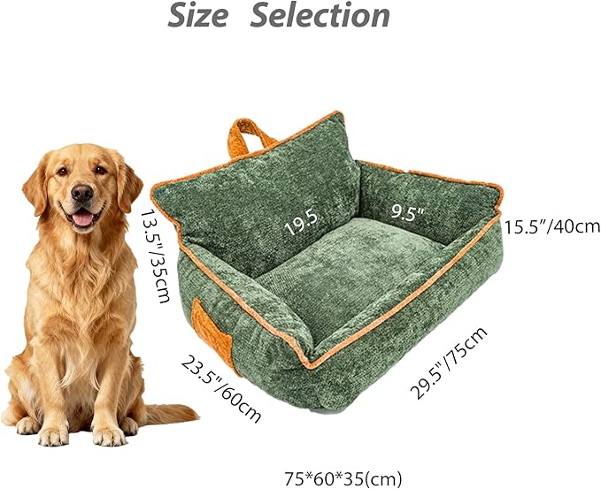Large Orthopedic Dog Sofa Bed with Sides, Carry Handle & Side Pockets .Plush Chenille Orthopedic Pet Bed Couch for Large Dogs.Portable Snuggler for Indoor Use, Travel & Recovery (Green)