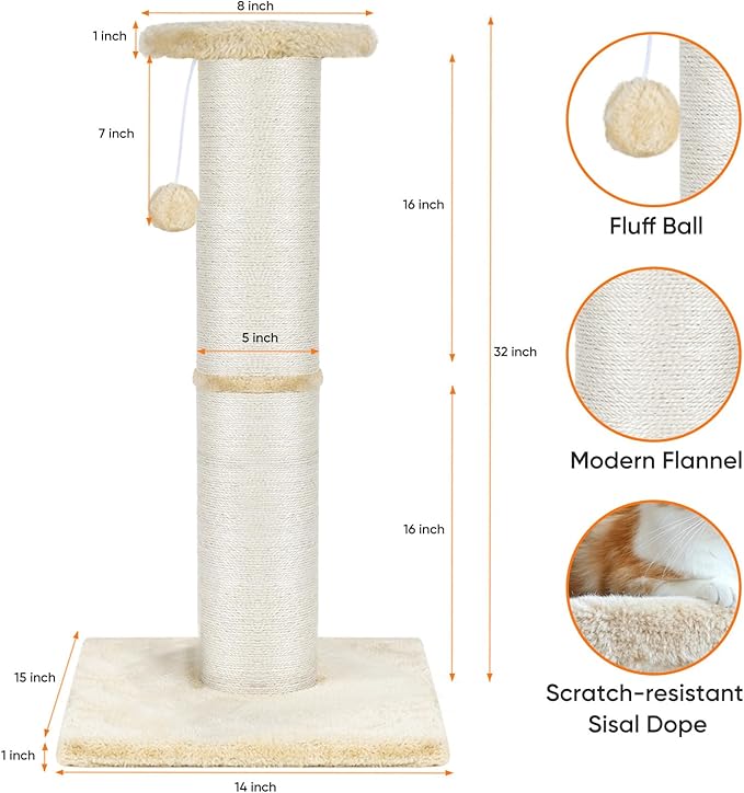 PAWSCRAT Cat Scratching Post 32" Tall, Large Diameter Natural Sisal Cat Scratch Post with Dangling Ball, Scratch-Resistant and Durable Tall Cat Scratcher for Indoor Cats, Protect Your Furniture, Beige