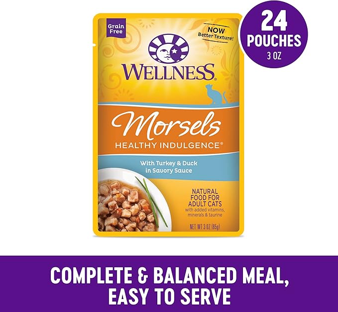 Wellness Healthly Indulgence Morsels Adult Wet Cat Food, Natural, Protein-Rich, Grain Free, 3 Ounce Pouch, 24 Pack, (Turkey & Duck)