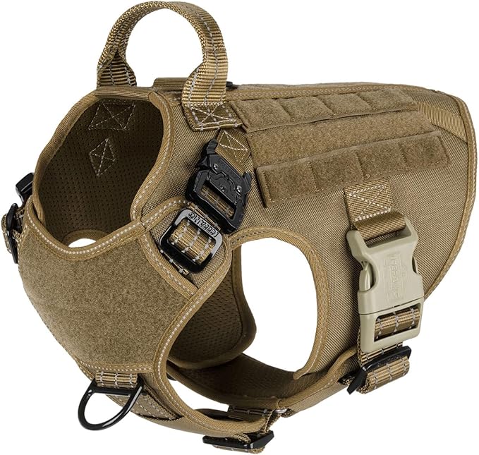 ICEFANG Tactical Dog Harness, Medium Size,2X Metal Buckle,Working Dog MOLLE Vest with Handle,No Pulling Front Leash Clip,Hook and Loop Panel (Brown,M (Pack of 1))