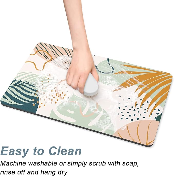 Rnivvi Dog Food Mat, 16" x 24" Boho Absorbent Dog Cat Bowl Mat for Food and Water, Cute Anti-Slip Rubber Pet Feeding Rug Protect Floors, Puppy Placemat for Feeding & Watering Supplies, Tropical Leaves