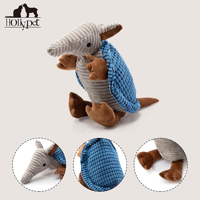 Hollypet Plush Dog Squeaky Toy Stuffed Armadillo Animal Pet Puppy Chew Toys with Clean Teeth for Small Medium Large All Breed Sizes Dogs, Blue, 10 in