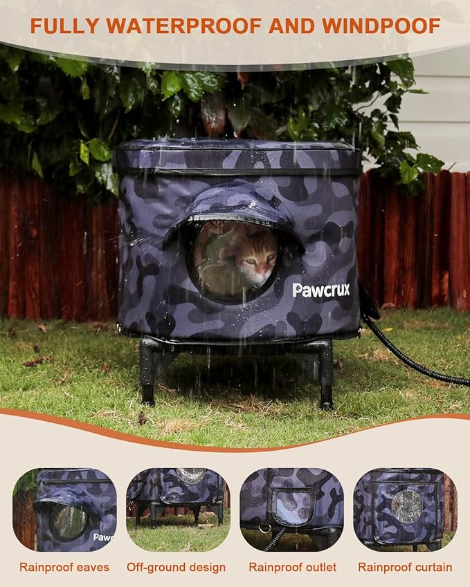 Heated Cat House for Outdoor in Winter, Metal Frame Cat Bed Kitty Shelter with Heating Pad, Insulated & Safe Escape Door & Weatherproof, Warm Home for Outside Stray Cat (Black camo, 16.8"x16.8")