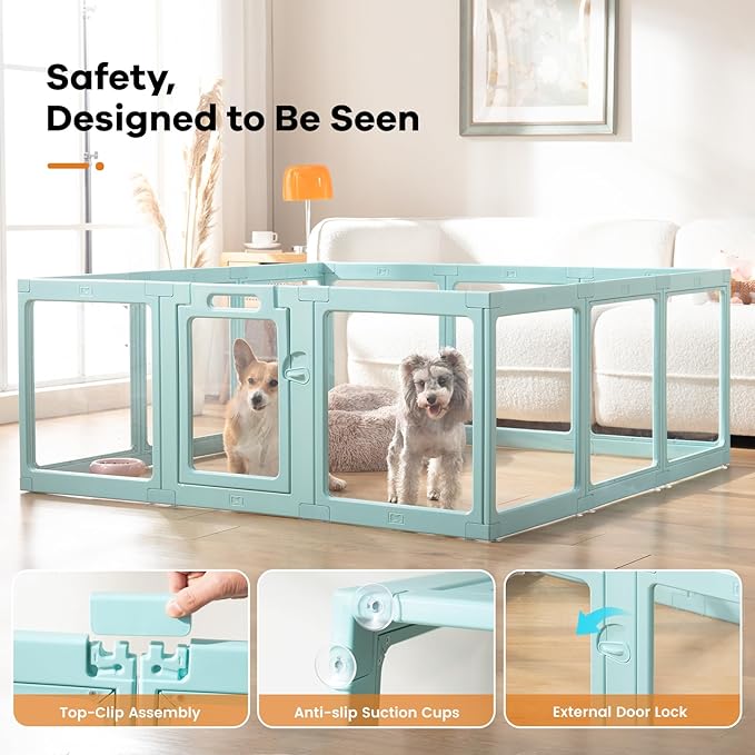 Clear Acrylic Dog Playpen Indoor, Puppy Cat Small Pet Play Pen, Pet Cat Foldable Playpen for Rabbits, Dog Fence Crate Kennel Whelping Cage (Green, 12 Panel)