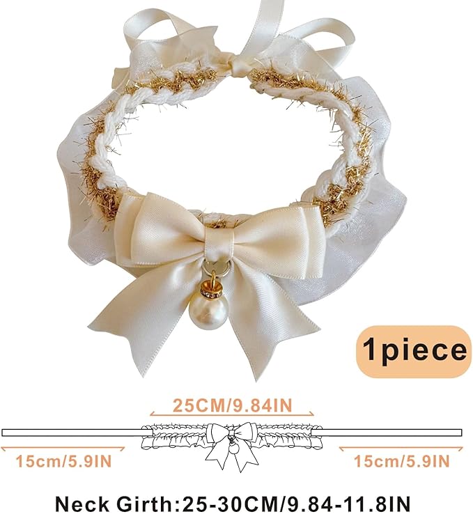 Elegant Lace Cat Collar with Cute Bow,Kitty Necklace with Bow Tie and Pearl,Pet Lace Bib Collar with Cute Bow,Cat Princess Costumes,Golden,1 Piece