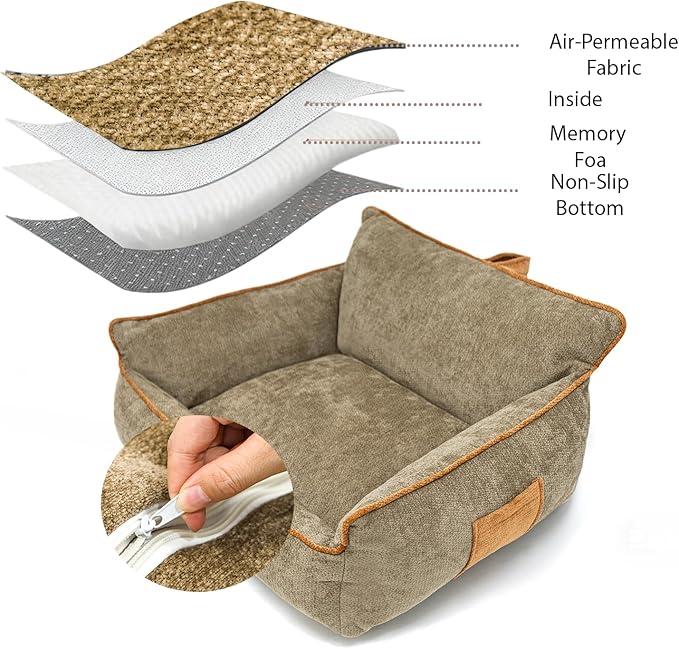 Large Orthopedic Dog Sofa Bed with Sides, Carry Handle & Side Pockets .Plush Chenille Orthopedic Pet Bed Couch for Large Dogs.Portable Snuggler for Indoor Use, Travel & Recovery(Brown)