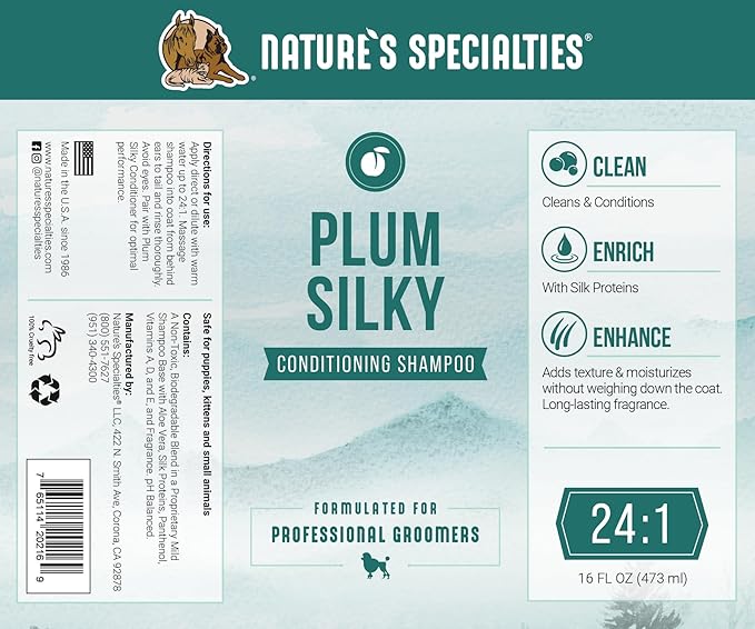 Nature's Specialties Plum Silky Ultra Concentrated Dog Shampoo Conditioner, Makes up to 3 Gallons, Natural Choice for Professional Pet Groomers, Silk Proteins, Made in USA, 16oz