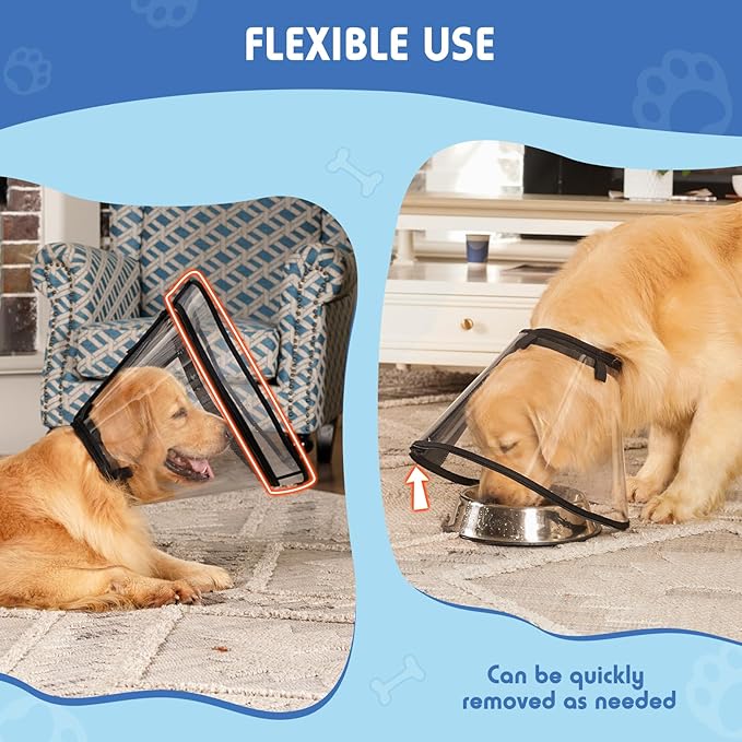 Dog Cone, Transparent Recovery Collar for Large Medium Small Dogs, E Collar After Surgery to Stop Licking, Depth Adjustable Soft Cone Not Block Vision Patented