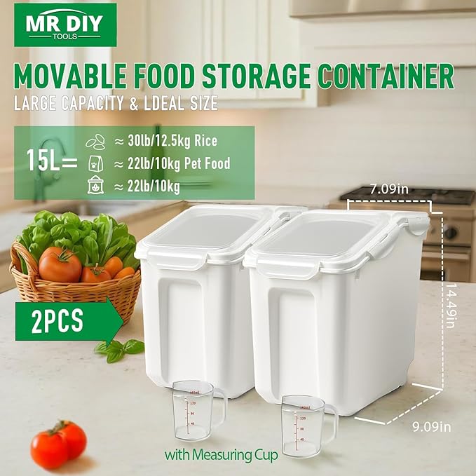 2 Pack Large Dog Food Storage Container, Flour Rice Storage Bin with 2 Measuring Cups, 25Lbs (15 Liters) with Wheels Seal Locking Lid PP Material, Sugar, Cereal and Dog Cat Pet food Containers
