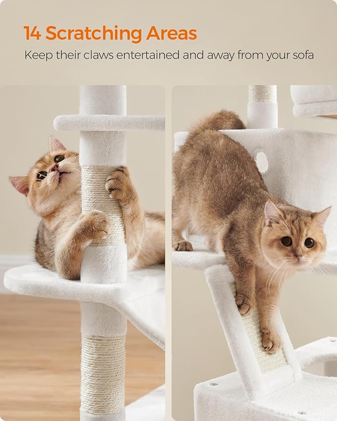 Feandrea Cat Tree, 66.1-Inch Large Cat Tower with 13 Scratching Posts, 2 Perches, 2 Caves, Basket, Hammock, Pompoms, Multi-Level Plush Cat Condo for Indoor Cats, Cream White UPCT165T01