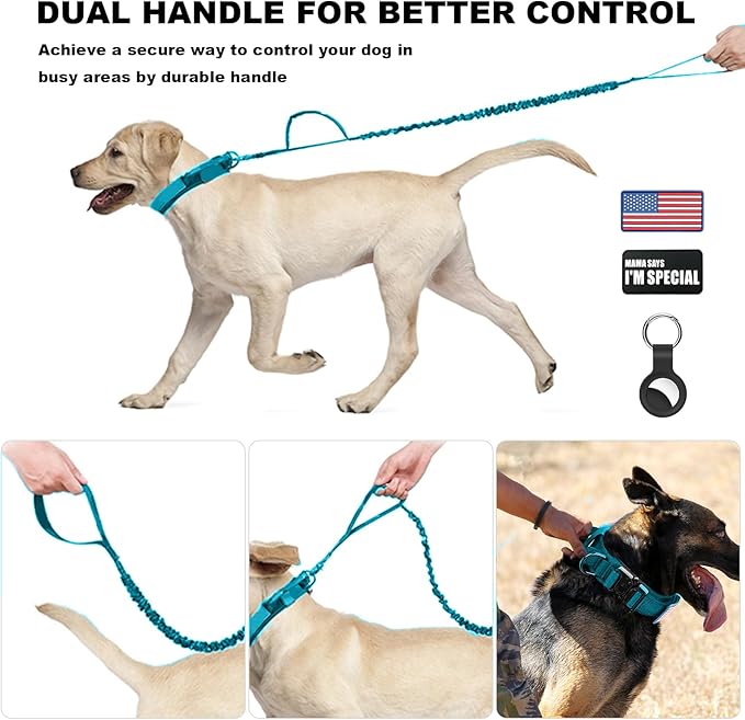 Tactical Dog Collar and Bungee Leash,Military Dog Collar & Leash Set with USA American Flag Adjustable K9 Collar with Heavy Duty Metal Buckle & Handle,with Patches and Airtags Case (Light Blue, XL)