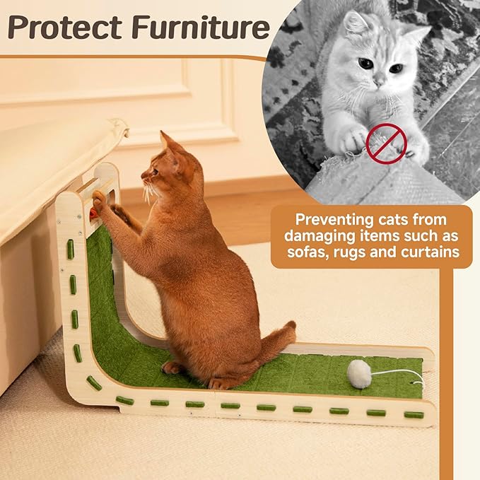 L Shaped Cat Scratcher with Ball Toy Felt Standing Cat Scratching Board for Indoor Cats Adults Vertical Scratch Pad Furniture Protector Kitten Toys 26.8 Inch-Green