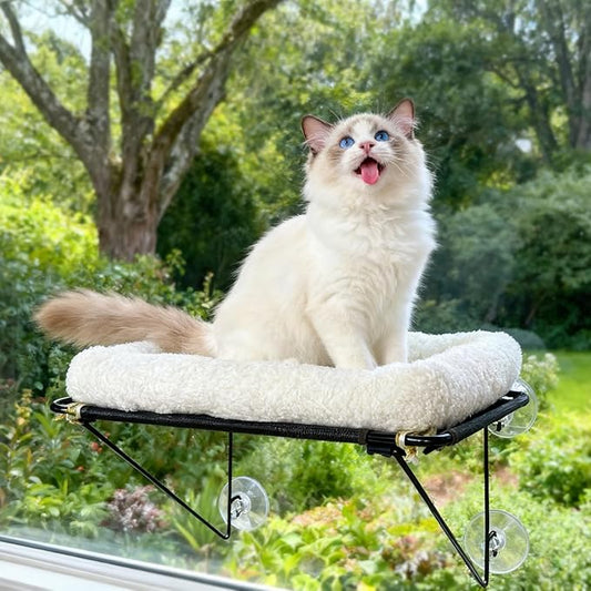 Cat Window Perch, Cordless Cat Hammock Window Seat with Sturdy Metal Frame Supports and 4 Strong Suction Cups (White, Short Hair)