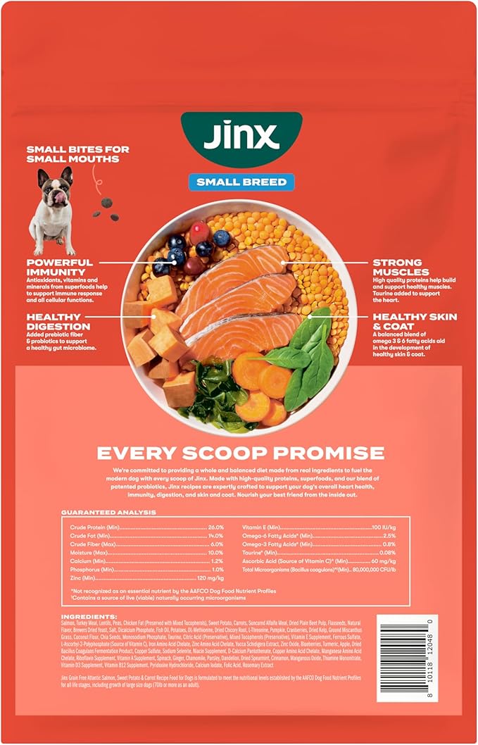 Jinx Premium Small Breed Dog Food Dry - Real Salmon, Brown Rice & Sweet Potato Kibble with Superfoods for Immune Support & Probiotics for Digestive Support - No Fillers – 11.5lb