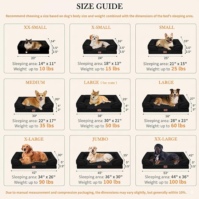 Comfort Expression Orthopedic Dog Bed for Small Dogs 24x16 Inch, Waterproof Supportive Egg Crate Foam Small Pet Bed with Removable Bolsters, Dog Couch with Washable Cover & Non-Slip Bottom, Black