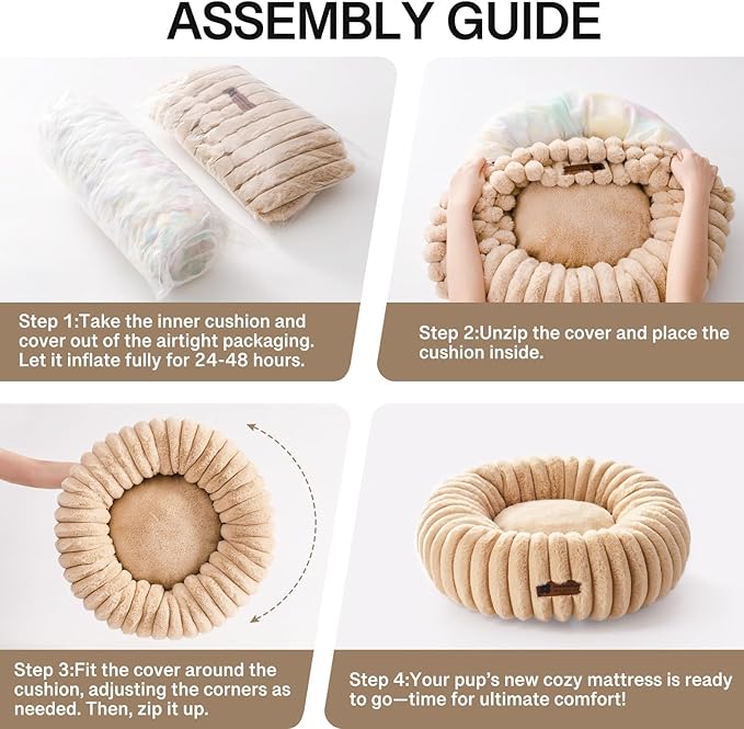 MEWOOFUN Cat Bed, Washable Beds for Indoor Cats, Cute Donut Bed Fluffy Pet Bed with Non-Slip Bottom, Calming Round Bed for Puppy and Kitten (Light Brown)