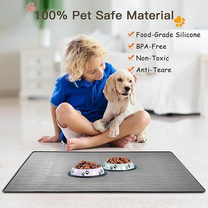 Largest Dog Food Mat, 39.5"x29.5" Silicone Dog and Cat Mat for Food and Water Bowls, Thinken Waterproof Non-Slip XXXL Pet Feeding Mat for Floors (Dark Brown)