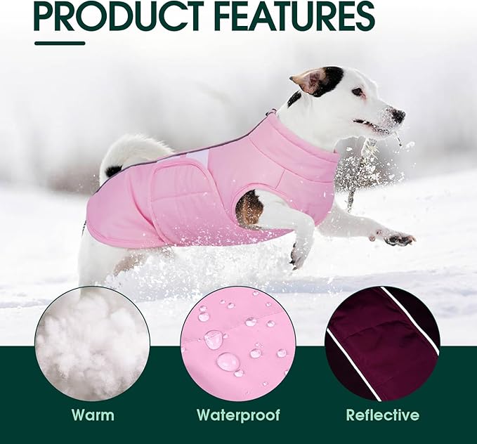 Kuoser Dog Jacket, Dog Coats for Large Dogs Winter Waterproof, Reflective Doggie Vest with Leash Hole, Cold Weather Coats Pet Snow Jacket for Labrador Beagle, Pink XL