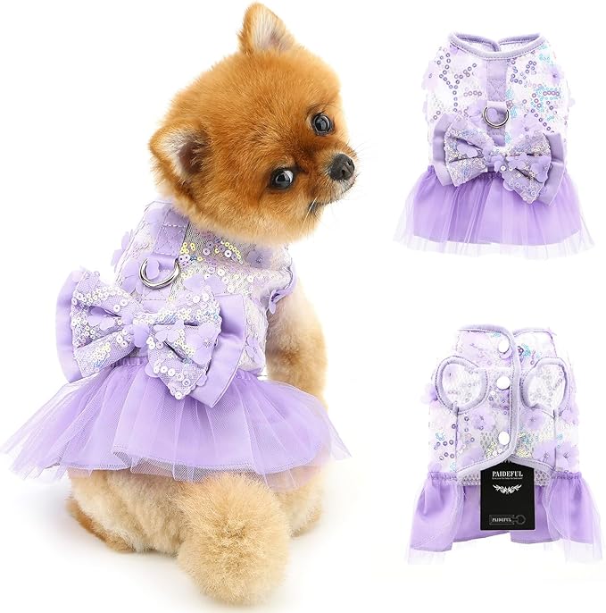 Dog Dress,Luxury Bow Princess Tutu Dresses for Girl Dogs Cute Fashion Mesh Pet Skirt with Sequins Flower Cat Puppy Clothes Wedding Party Outfits Chihuahua Apparel Button up D-Ring,Purple,M