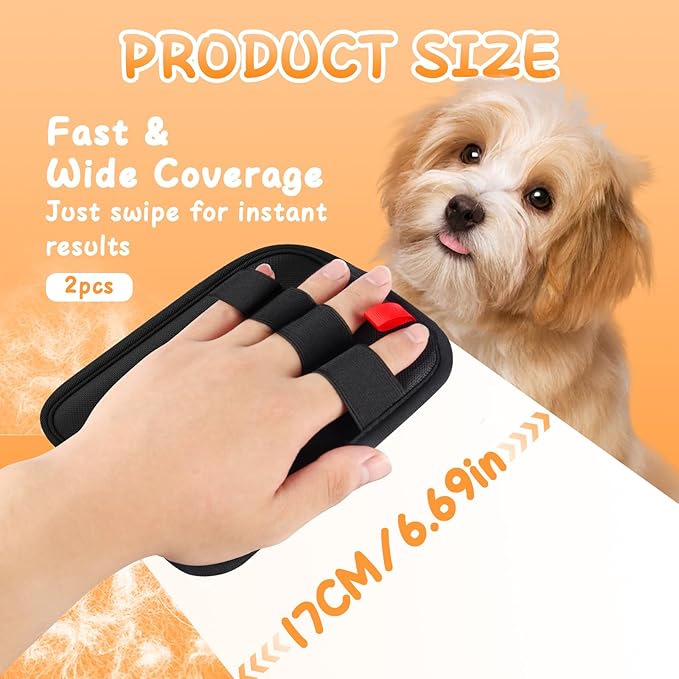 Pet Hair Removal Gloves, 2 Pcs Reusable Electrostatic Grooming Gloves for Cats and Dogs, Large Size 6.7x5.1 Inches for Faster Coverage on Clothes, Carpets, Sofas, Curtains