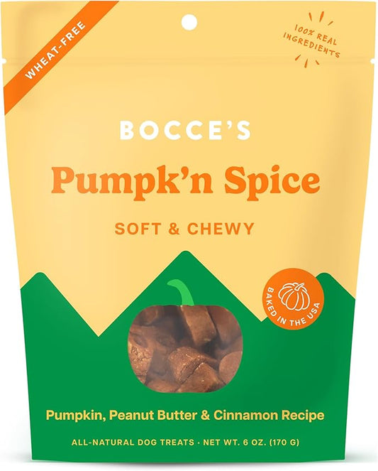 Bocce’s Bakery Pumpk'n Spice Treats for Dogs, Wheat-Free Everyday Dog Treats, Made with Real Ingredients, Baked in The USA, All-Natural Soft & Chewy Cookies, Pumpkin, Peanut Butter, & Cinnamon, 6 oz