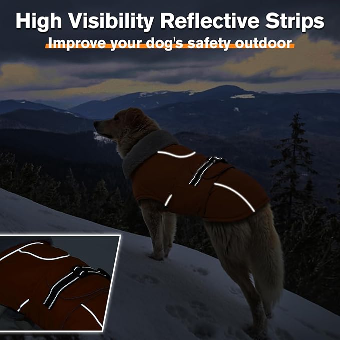 Lelepet Warm Dog Coat Reflective Fleece Vest Waterproof Dog Jacket with Adjustable Buckle Hook & Loop Windproof Cold Weather Coats for Small Medium Large Dogs, Orange, L