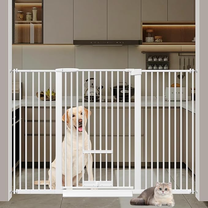 40.55" Tall 1.37" Ultra Narrow Spacing 30.12-61.61" Extra Wide Dogs Pets Baby Gate with Door for Doorway Cat Safety Proof Indoor Puppy Pressure Mounted No Drill White Black Metal Hallway