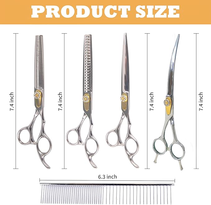 7 Inch Professional Dog Grooming Scissors Kit, 6-in-1 Grooming Scissors for Dogs, Pet Grooming Shears Set, Straight Scissor & Thinning Shear & Curved Scissor & Chunker Shear (Silver)